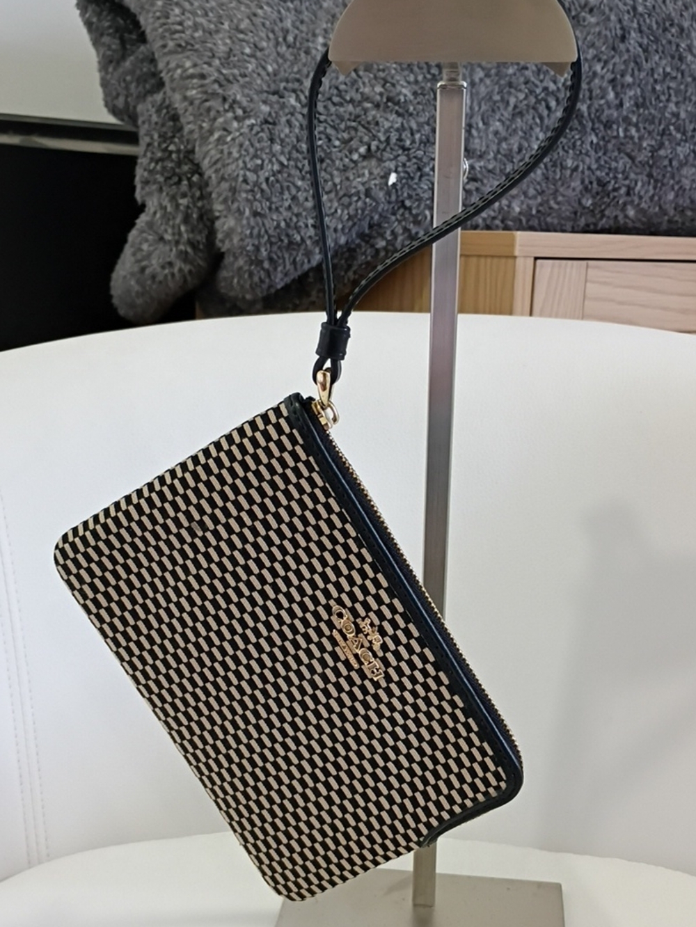 Coach Black and Cream Woven Corner Zip Wristlet with Gold Hardware